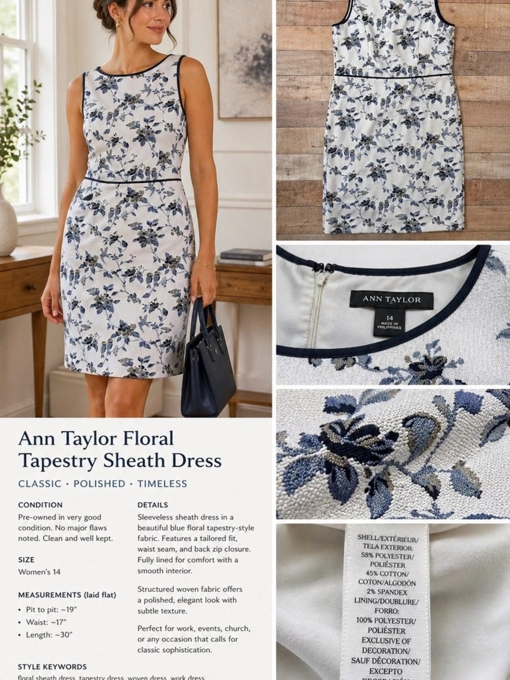 Ann Taylor Cream Sleeveless Sheath Dress Tapestry Navy Embroidery Size 4 Midi